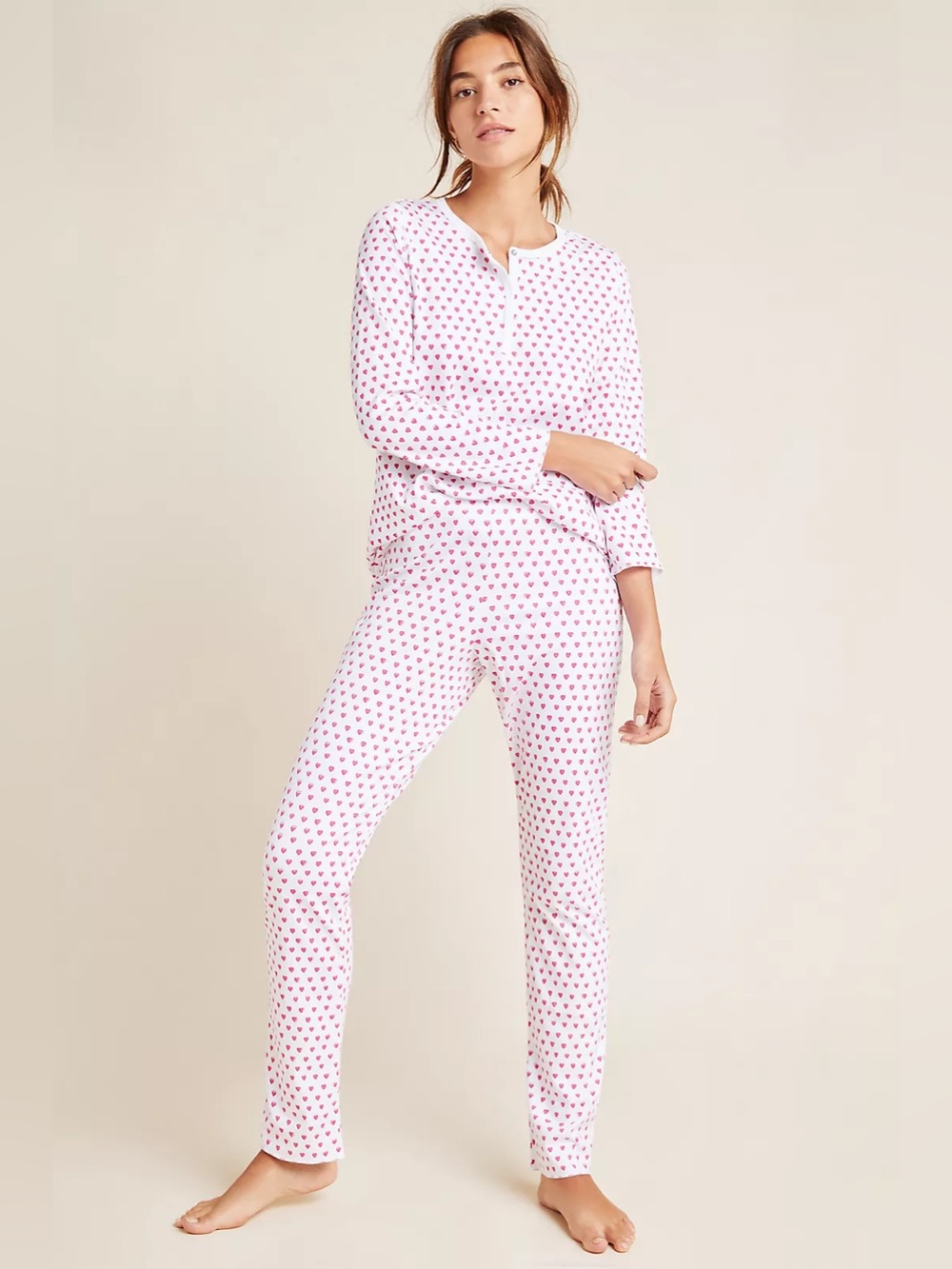 Roller Rabbit || Hearts Sleep Set Henley Snap Top Pajamas Pima White Pink Small